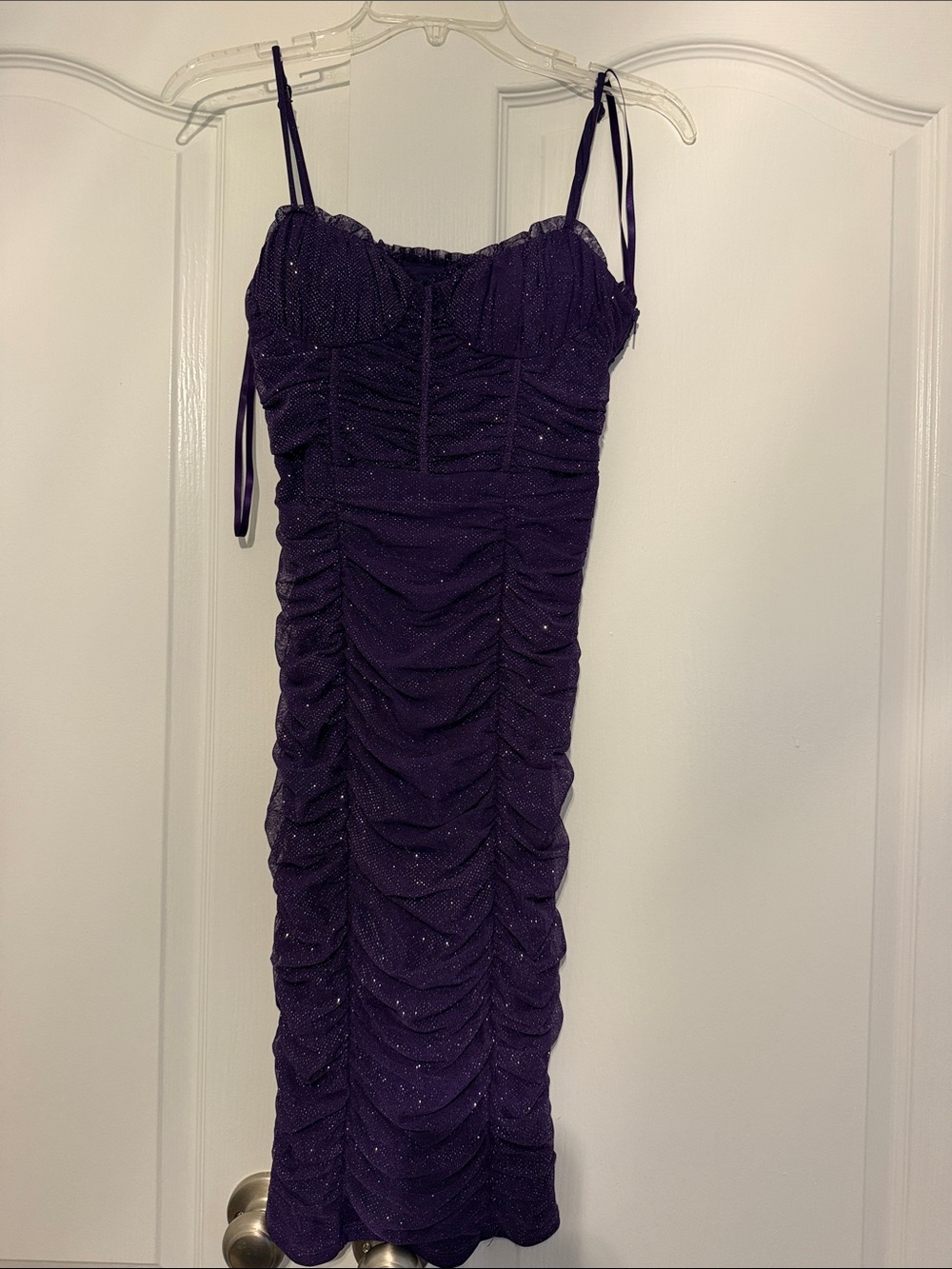 City Studio Size Small Purple Ruched Sparkle Midi Dress